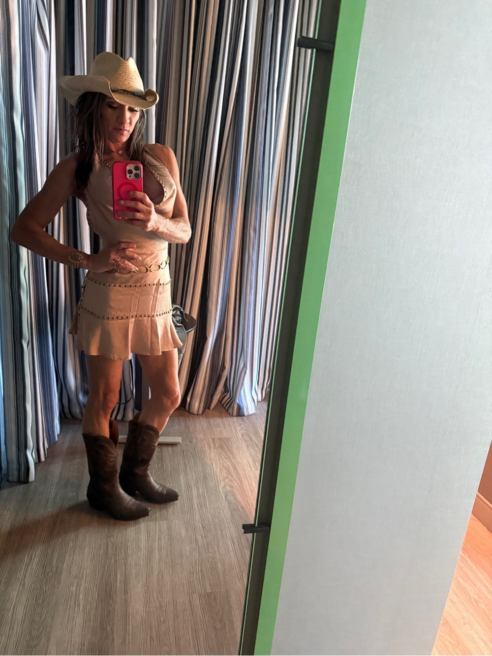 12th Tribe beige dress Leather with Ruffle Hem & gold metal Embellishment
